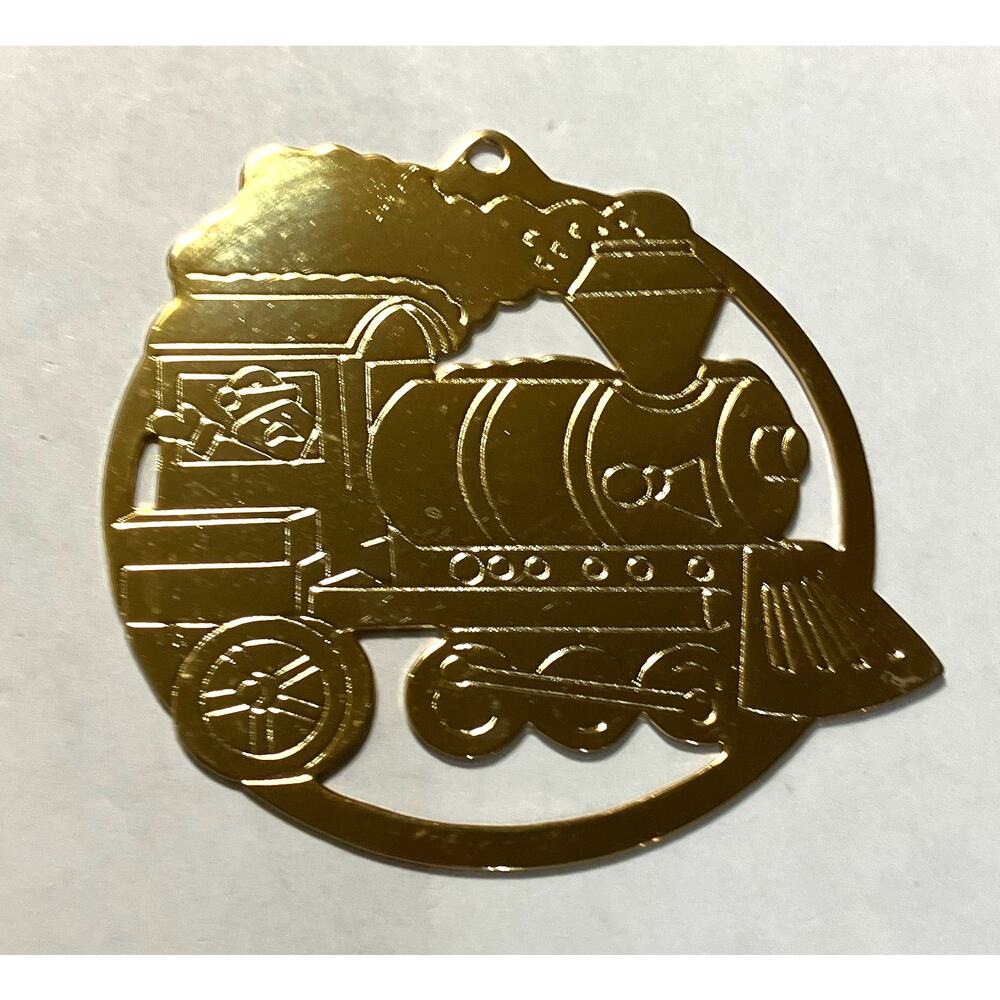 Brass 2.5" Ornament Gold Metal Etched Train Engine Teddy Bear Gloria Duchin